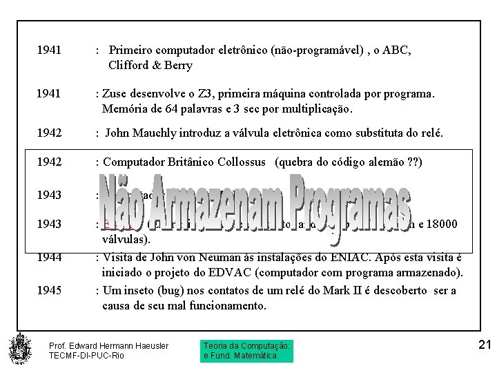 1941 : Primeiro computador eletrônico (não-programável) , o ABC, Clifford & Berry 1941 :