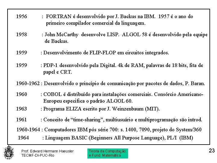 1956 : FORTRAN é desenvolvido por J. Backus na IBM. 1957 é o ano