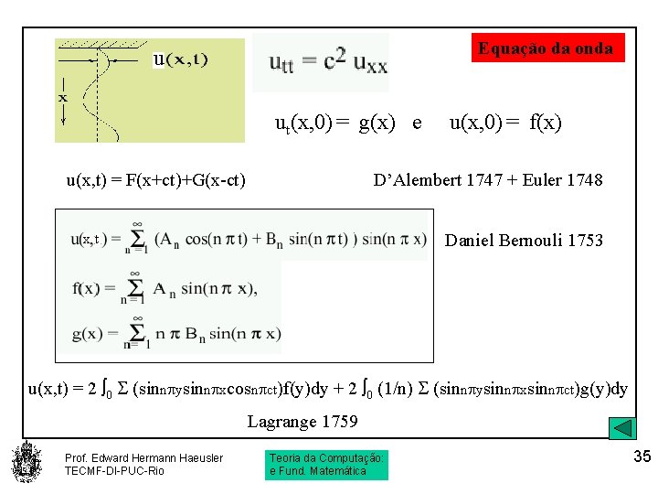 Equação da onda u ut(x, 0) = g(x) e u(x, t) = F(x+ct)+G(x-ct) u(x,