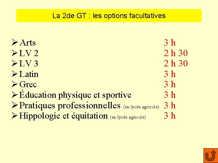 La 2 de GT : les options facultatives Ø Arts Ø LV 2 Ø