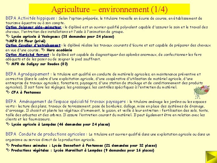 Agriculture – environnement (1/4) BEPA Activités hippiques : Selon l'option préparée, le titulaire travaille