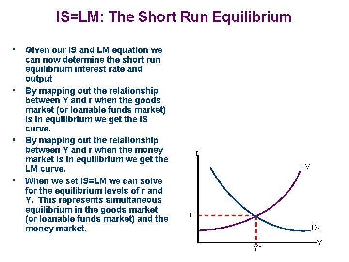 IS=LM: The Short Run Equilibrium • Given our IS and LM equation we •