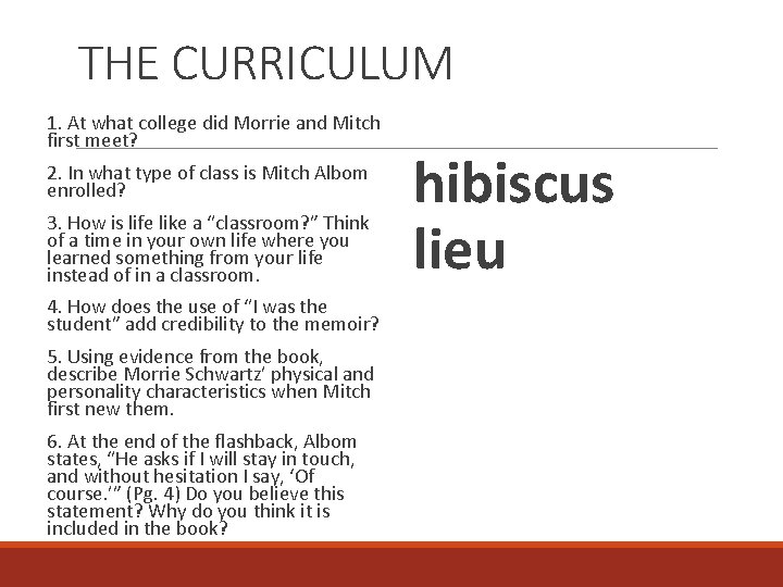 THE CURRICULUM 1. At what college did Morrie and Mitch first meet? 2. In