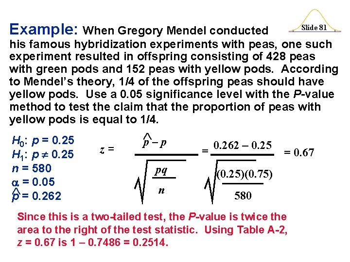 Example: When Gregory Mendel conducted Slide 81 his famous hybridization experiments with peas, one