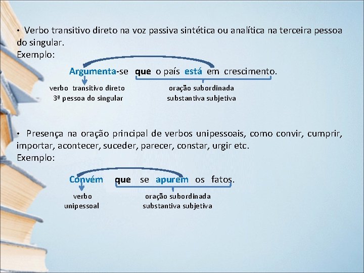 • Verbo transitivo direto na voz passiva sintética ou analítica na terceira pessoa • Verbo transitivo direto na voz passiva sintética ou analítica na terceira pessoa
