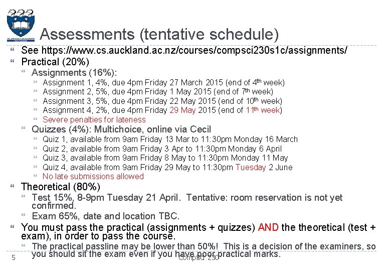 Assessments (tentative schedule) See https: //www. cs. auckland. ac. nz/courses/compsci 230 s 1 c/assignments/