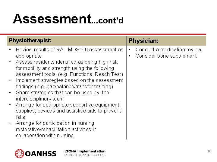Assessment. . . cont’d Physiotherapist: Physician: • Review results of RAI- MDS 2. 0
