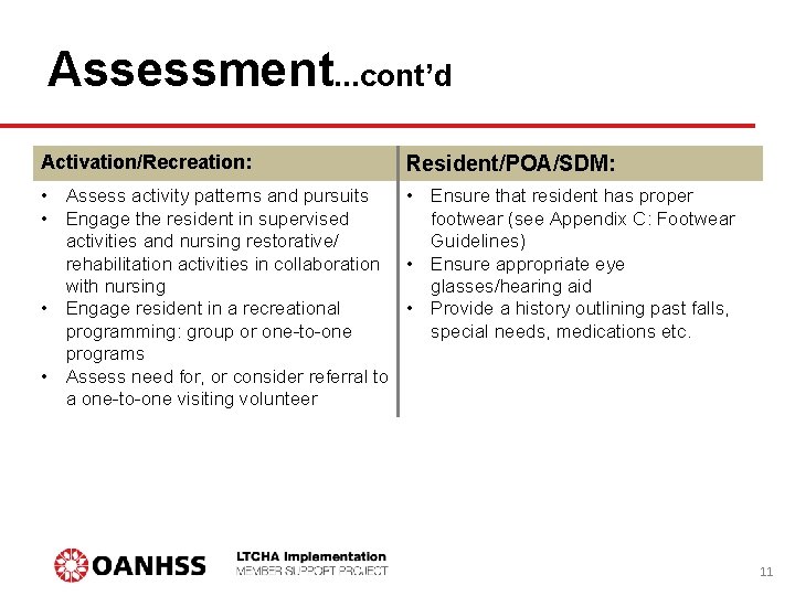 Assessment. . . cont’d Activation/Recreation: Resident/POA/SDM: • Assess activity patterns and pursuits • Ensure