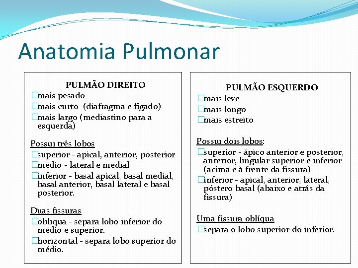 Anatomia Pulmonar PULMÃO DIREITO �mais pesado �mais curto (diafragma e fígado) �mais largo (mediastino
