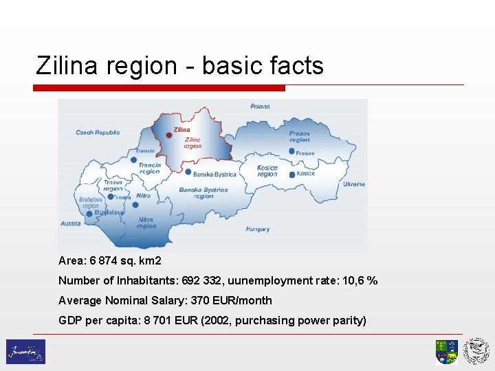 Zilina region - basic facts Area: 6 874 sq. km 2 Number of Inhabitants: