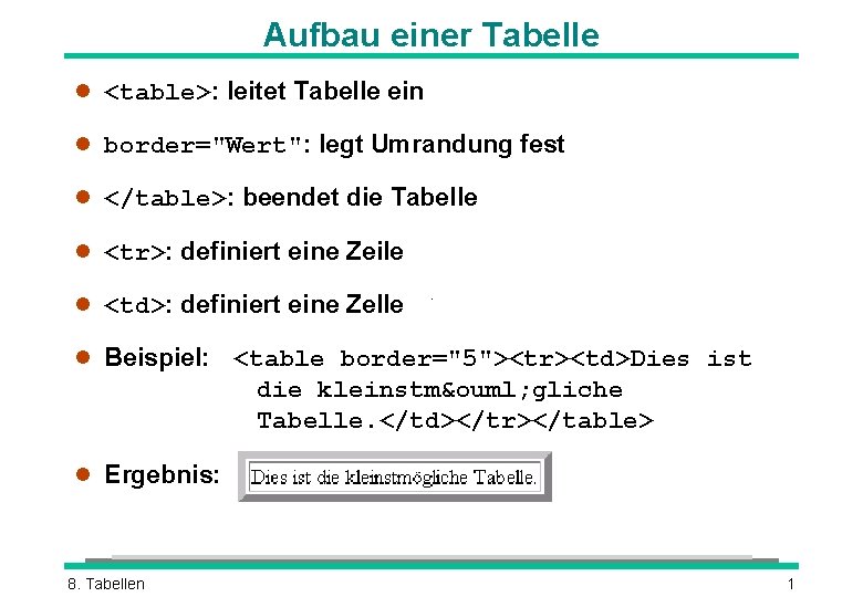 Aufbau einer Tabelle l <table>: leitet Tabelle ein l border="Wert": legt Umrandung fest l