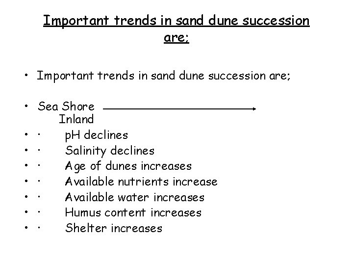 Important trends in sand dune succession are; • Important trends in sand dune succession