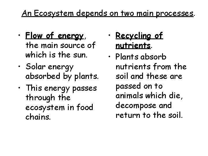 An Ecosystem depends on two main processes. • Flow of energy, the main source