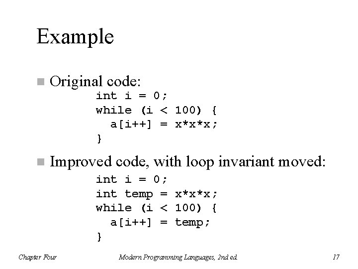 Example n Original code: int i = 0; while (i < 100) { a[i++]
