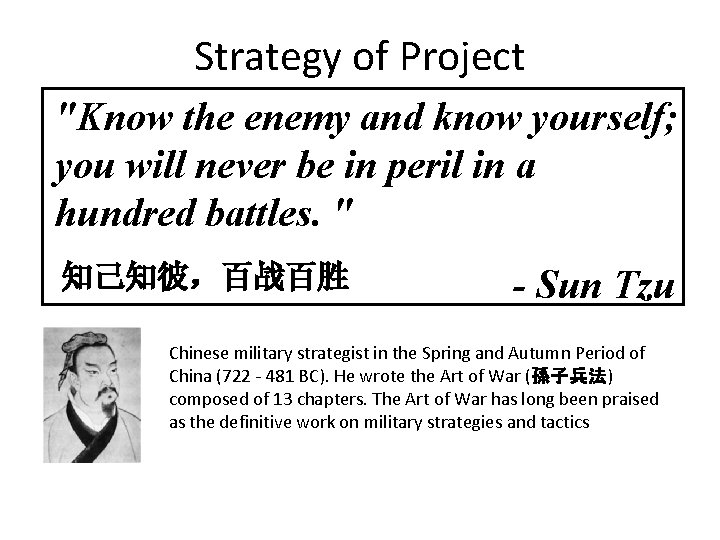 Strategy of Project "Know the enemy and know yourself; you will never be in