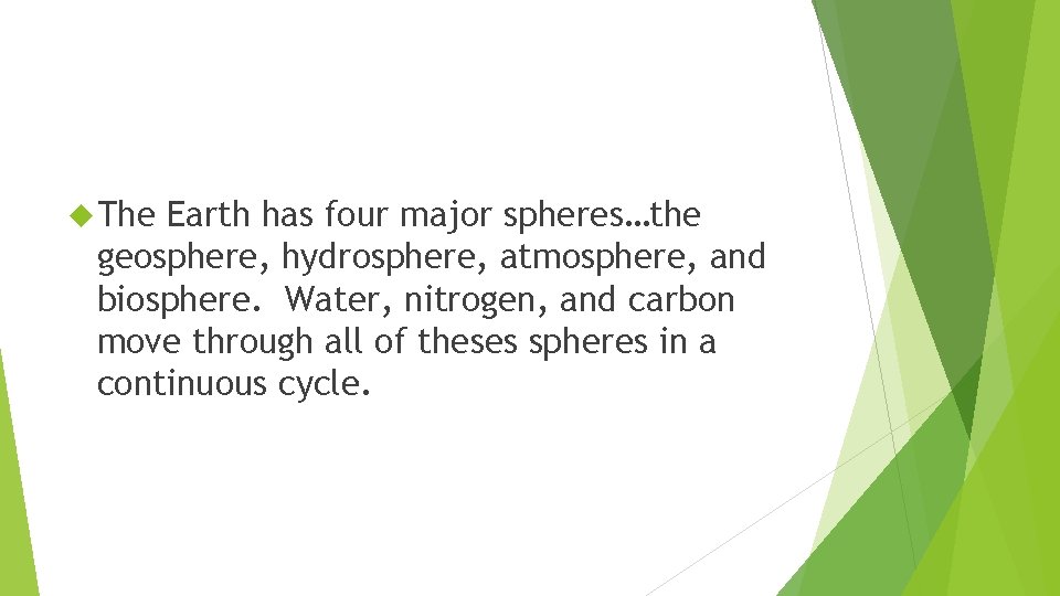  The Earth has four major spheres…the geosphere, hydrosphere, atmosphere, and biosphere. Water, nitrogen,