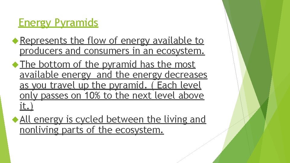 Energy Pyramids Represents the flow of energy available to producers and consumers in an