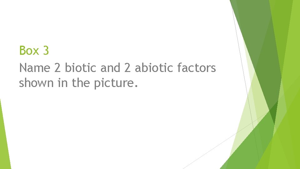 Box 3 Name 2 biotic and 2 abiotic factors shown in the picture. 