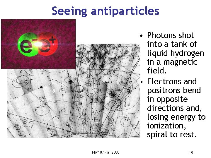 Seeing antiparticles • Photons shot into a tank of liquid hydrogen in a magnetic