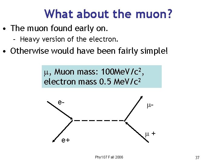 What about the muon? • The muon found early on. – Heavy version of