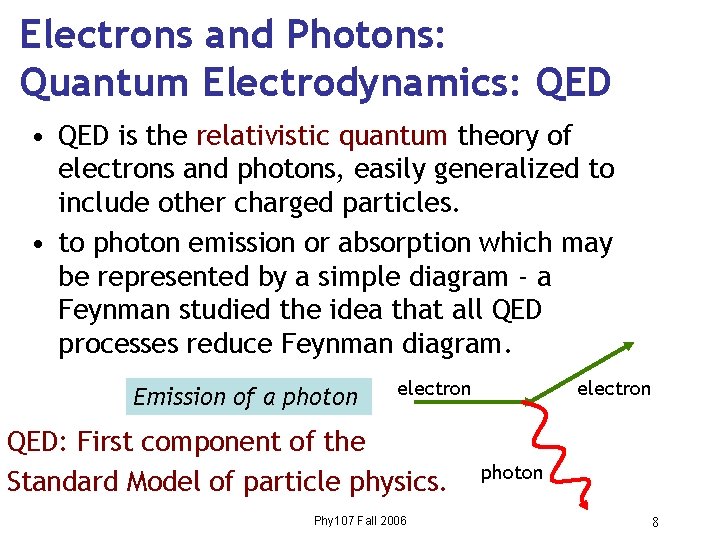 Electrons and Photons: Quantum Electrodynamics: QED • QED is the relativistic quantum theory of