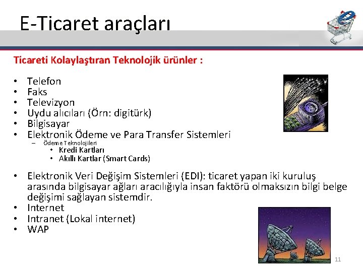 E-Ticaret araçları Ticareti Kolaylaştıran Teknolojik ürünler : • • • Telefon Faks Televizyon Uydu