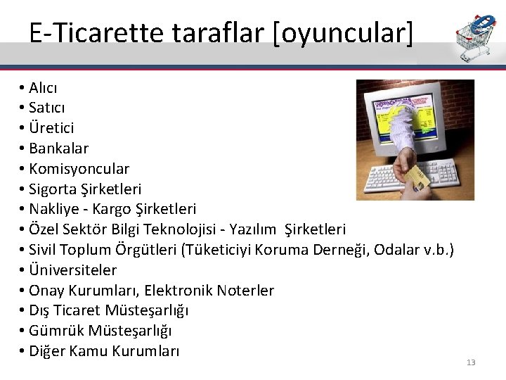 E-Ticarette taraflar [oyuncular] • Alıcı • Satıcı • Üretici • Bankalar • Komisyoncular •