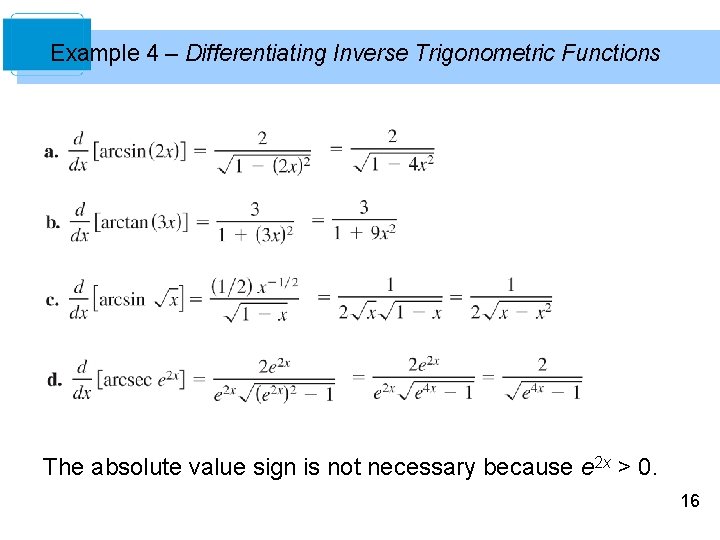 Example 4 – Differentiating Inverse Trigonometric Functions The absolute value sign is not necessary