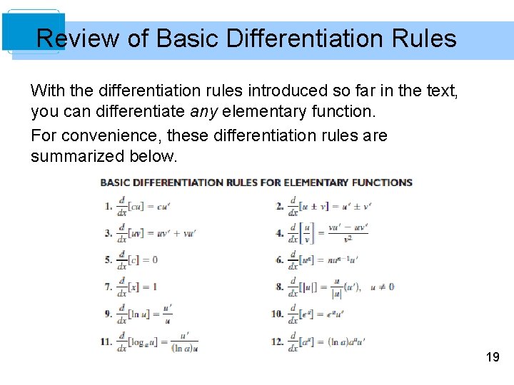 Review of Basic Differentiation Rules With the differentiation rules introduced so far in the