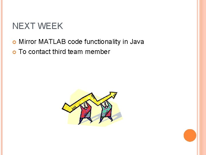 NEXT WEEK Mirror MATLAB code functionality in Java To contact third team member 