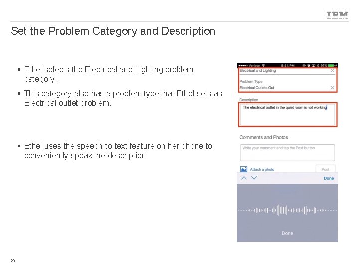 Set the Problem Category and Description § Ethel selects the Electrical and Lighting problem