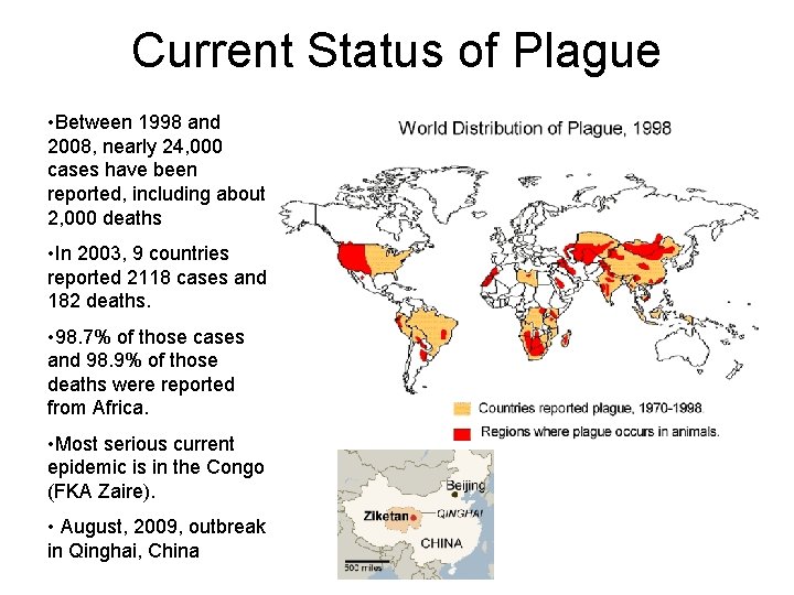 Current Status of Plague • Between 1998 and 2008, nearly 24, 000 cases have