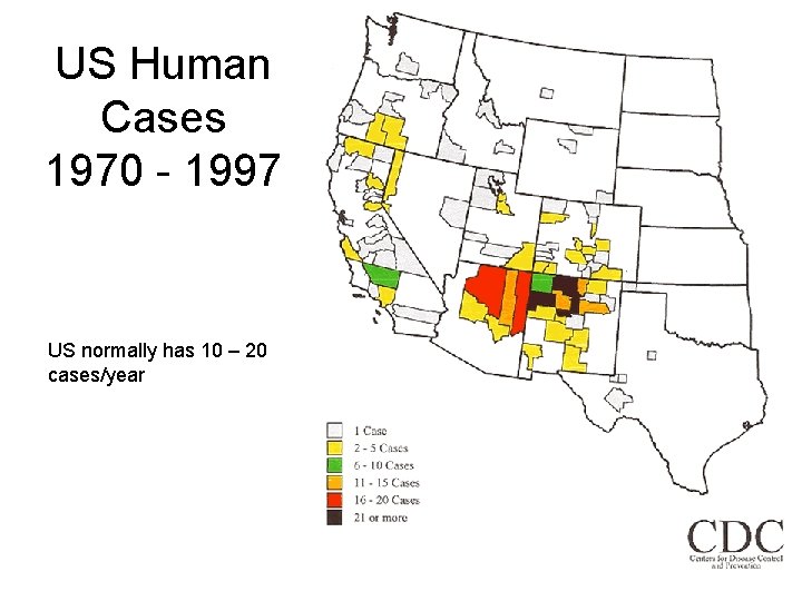 US Human Cases 1970 - 1997 US normally has 10 – 20 cases/year 