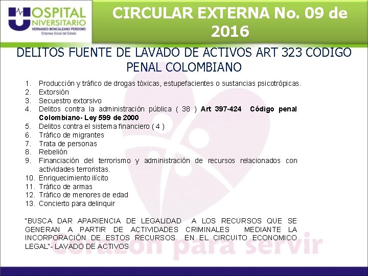 CIRCULAR EXTERNA No. 09 de 2016 DELITOS FUENTE DE LAVADO DE ACTIVOS ART 323