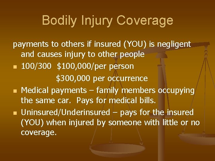 Bodily Injury Coverage payments to others if insured (YOU) is negligent and causes injury