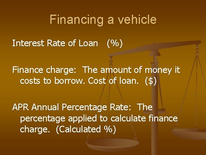 Financing a vehicle Interest Rate of Loan (%) Finance charge: The amount of money