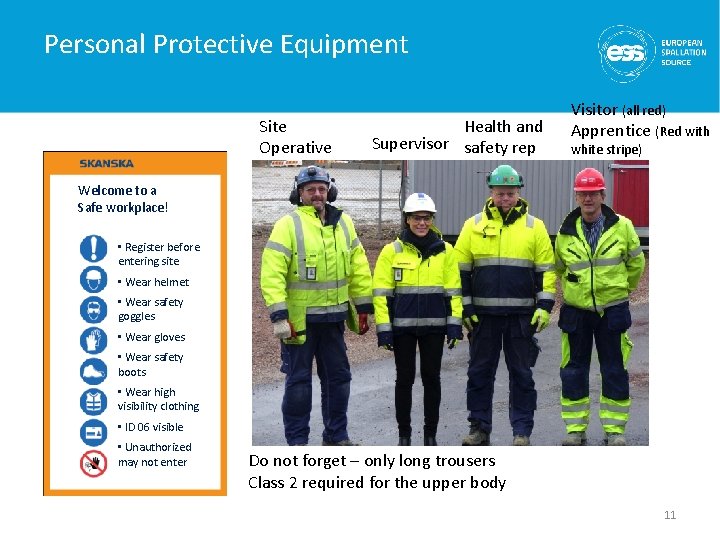 Personal Protective Equipment Site Operative Health and Supervisor safety rep Visitor (all red) Apprentice