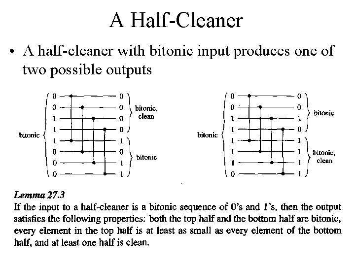 A Half-Cleaner • A half-cleaner with bitonic input produces one of two possible outputs