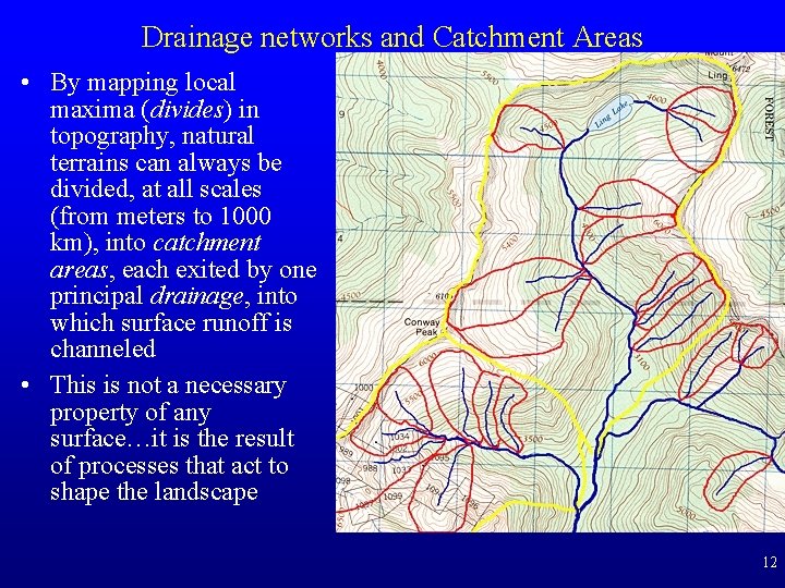 Drainage networks and Catchment Areas • By mapping local maxima (divides) in topography, natural Drainage networks and Catchment Areas • By mapping local maxima (divides) in topography, natural