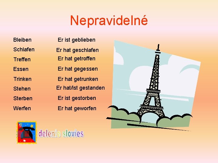 Nepravidelné Bleiben Er ist geblieben Schlafen Er hat geschlafen Treffen Er hat getroffen Essen Nepravidelné Bleiben Er ist geblieben Schlafen Er hat geschlafen Treffen Er hat getroffen Essen
