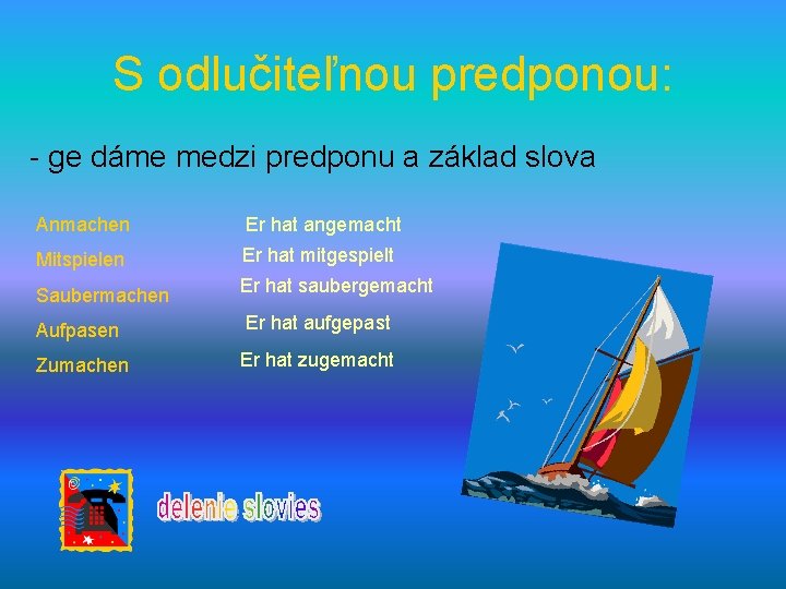 S odlučiteľnou predponou: - ge dáme medzi predponu a základ slova Anmachen Er hat S odlučiteľnou predponou: - ge dáme medzi predponu a základ slova Anmachen Er hat