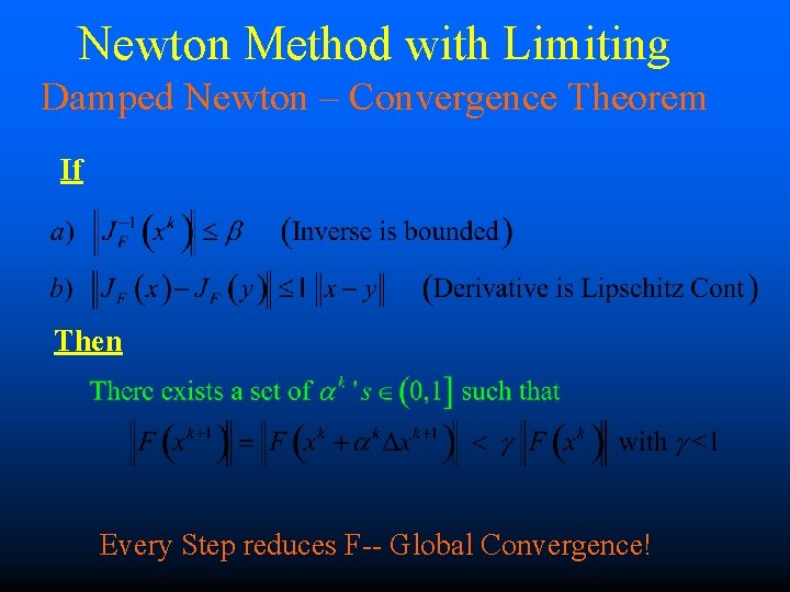 Newton Method with Limiting Damped Newton – Convergence Theorem If Then Every Step reduces