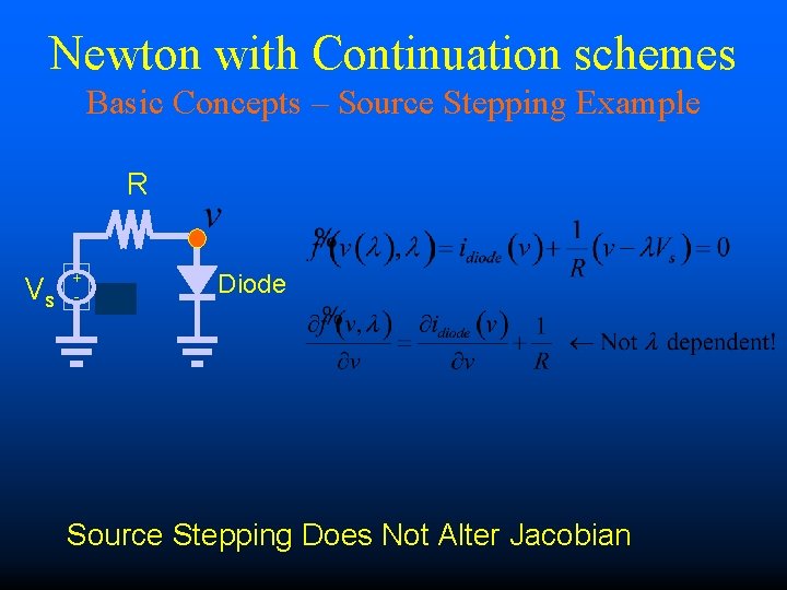 Newton with Continuation schemes Basic Concepts – Source Stepping Example R Vs + -