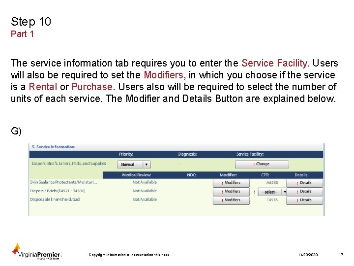 Step 10 Part 1 The service information tab requires you to enter the Service