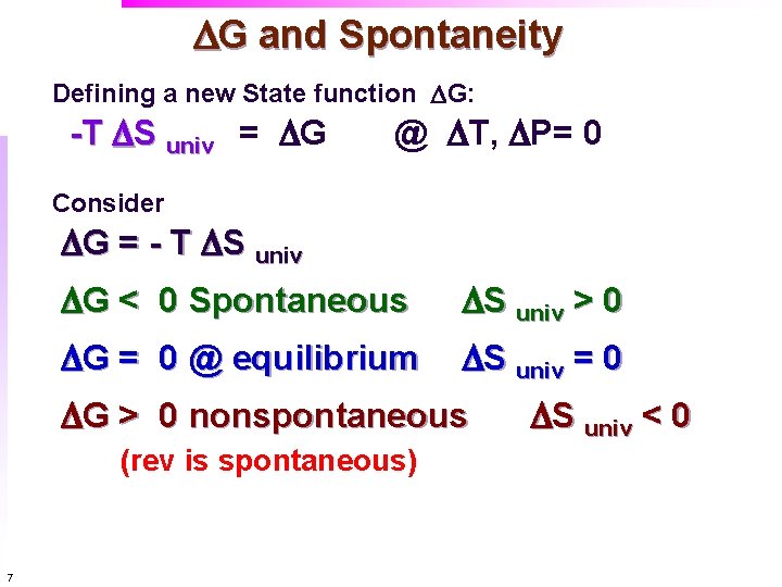 DG and Spontaneity Defining a new State function DG: -T DS univ = DG