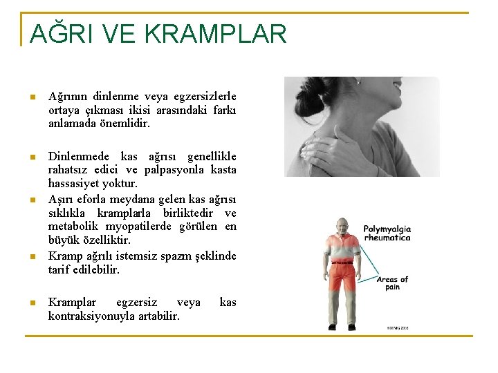 AĞRI VE KRAMPLAR n Ağrının dinlenme veya egzersizlerle ortaya çıkması ikisi arasındaki farkı anlamada