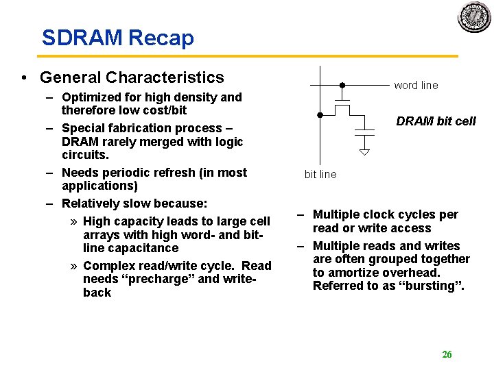 SDRAM Recap • General Characteristics – Optimized for high density and therefore low cost/bit SDRAM Recap • General Characteristics – Optimized for high density and therefore low cost/bit