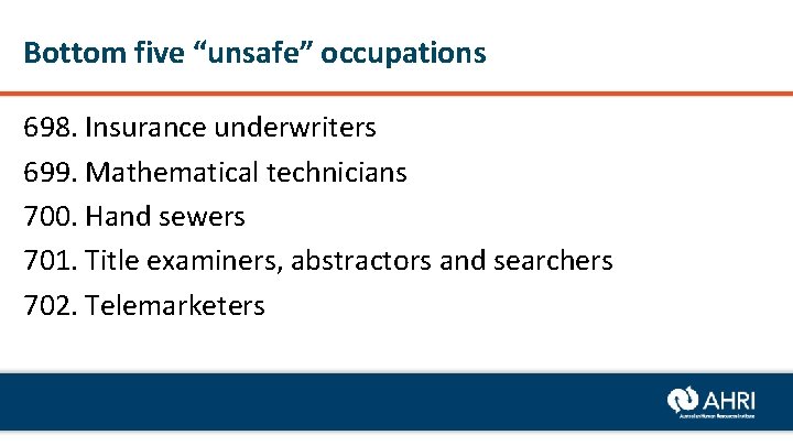Bottom five “unsafe” occupations 698. Insurance underwriters 699. Mathematical technicians 700. Hand sewers 701.