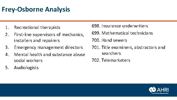 Frey-Osborne Analysis 1. Recreational therapists 2. First-line supervisors of mechanics, installers and repairers 3.
