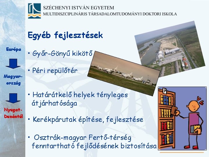 Egyéb fejlesztések Európa Magyarország Nyugat. Dunántúl • Győr-Gönyű kikötő • Péri repülőtér • Határátkelő